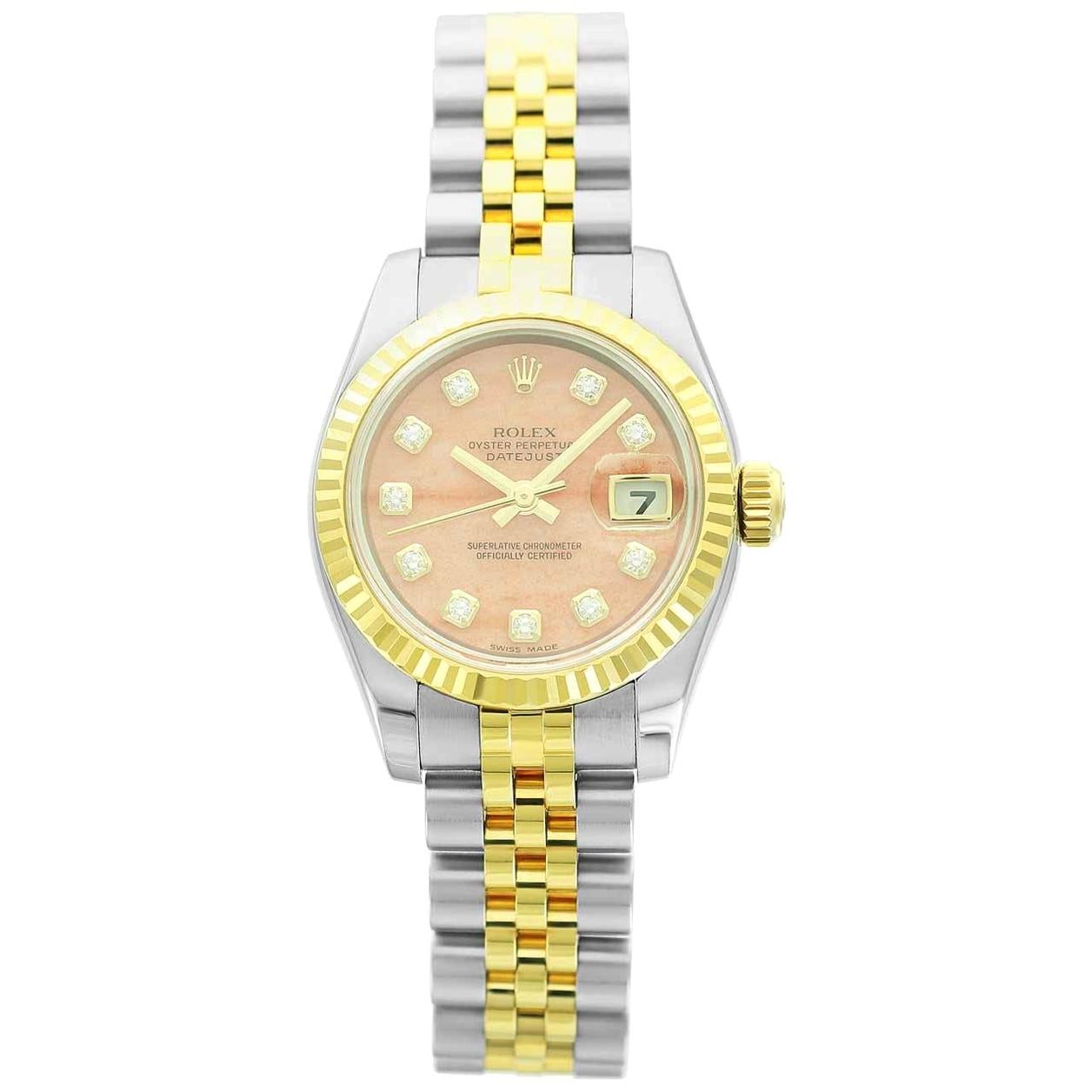 Rolex Lady's Two-Color Gold Datejust Coral Diamond Dial Wristwatch Ref 179173 For Sale