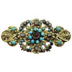 Austro-Hungarian Turquoise Garnet Gilt Silver Brooch