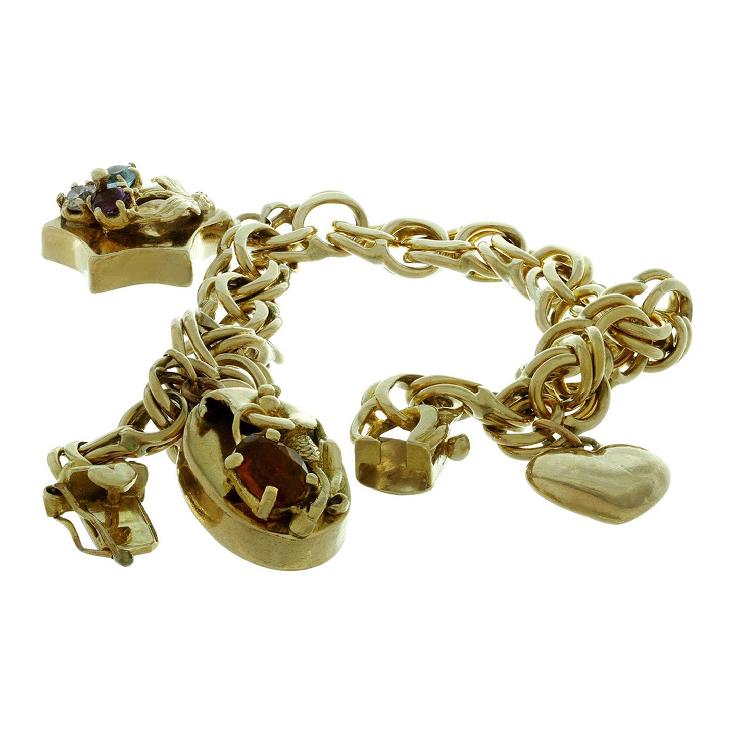 Vintage 3 Charm Gemstone Bracelet or jaune à maillons ouverts en vente