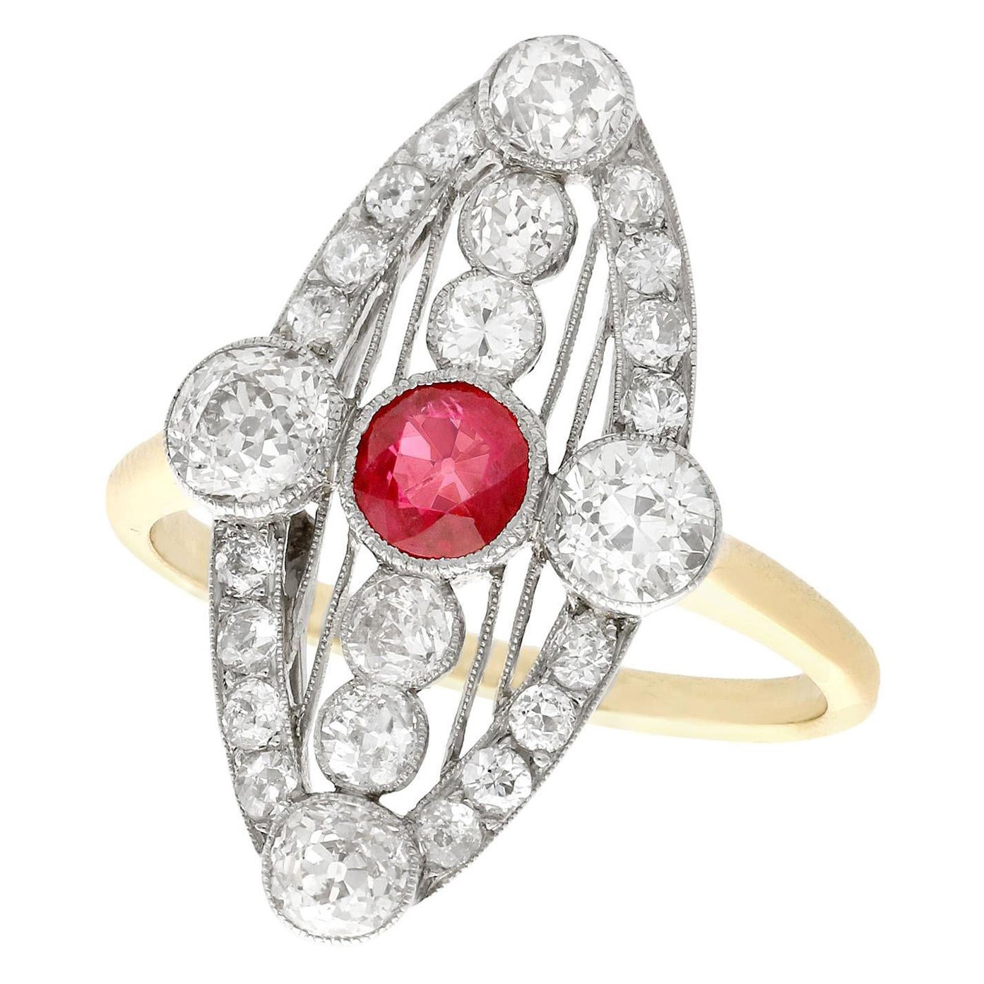 Antique 1920s Ruby and 1.88 Carat Diamond Yellow Gold Marquise Ring For Sale
