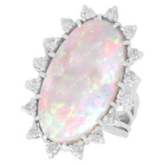 Vintage 1960s 5.15ct Cabochon Cut White Opal and Diamond Gold Cocktail Ring