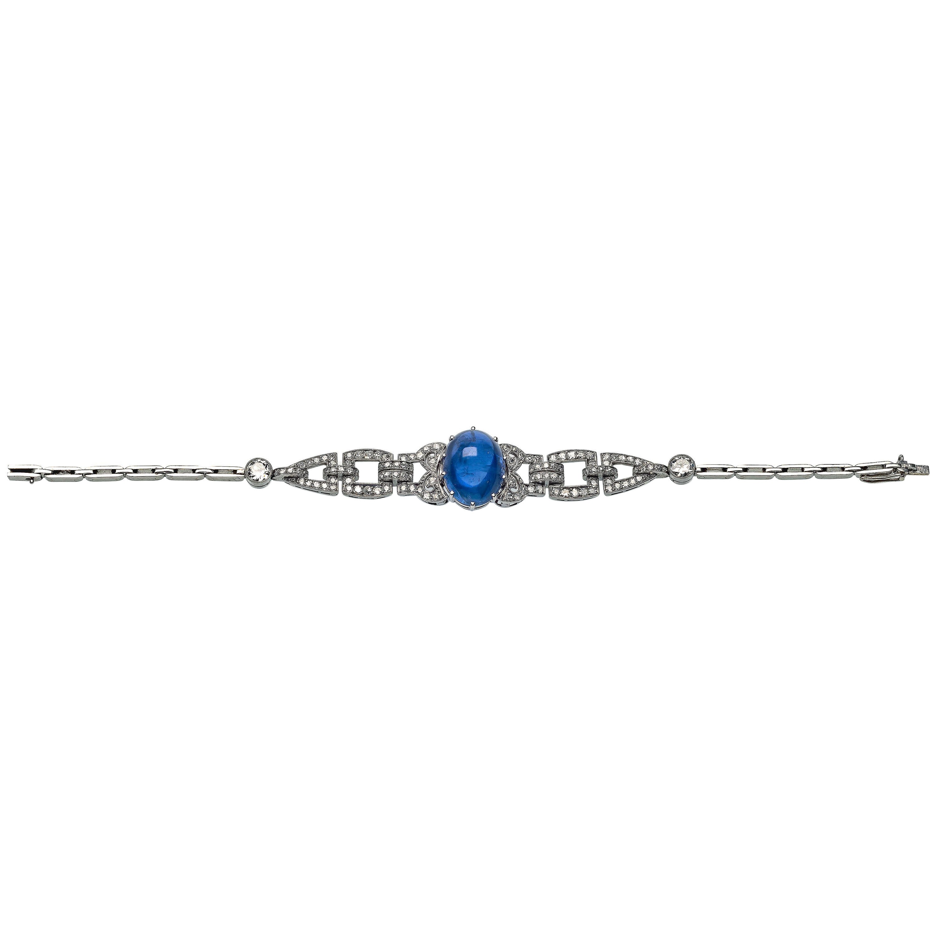 Antique Art Deco Platinum 16, 34 Carat No Heat Sapphire 2.4 Ct Diamond Bracelet