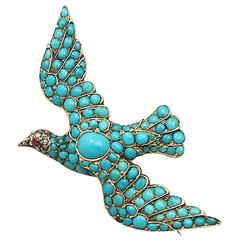 Antique Turquoise Diamond Gold Dove Brooch 