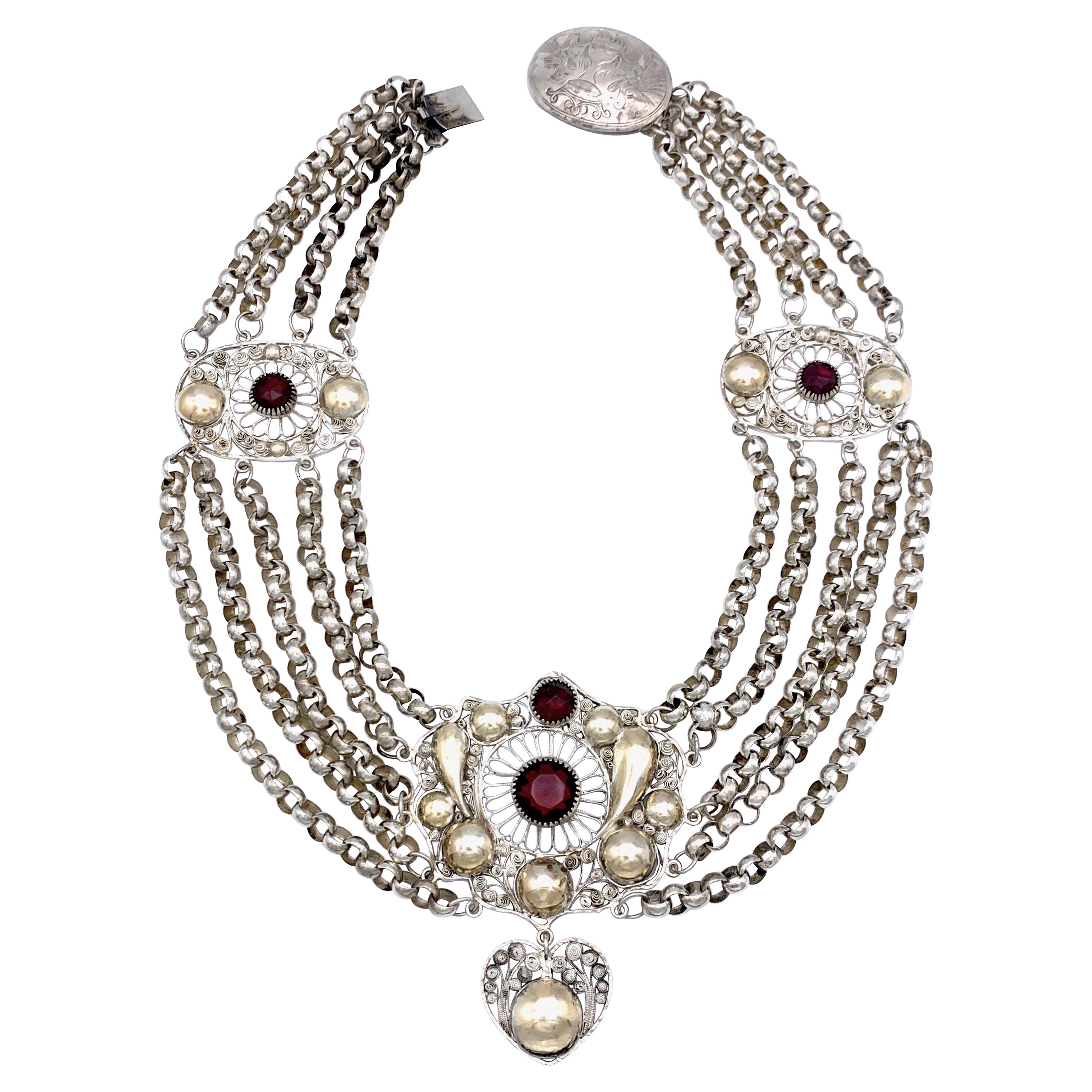 Antique Silver Silvergilt Garnet Double Flame Heart Pigeon Wedding Necklace For Sale