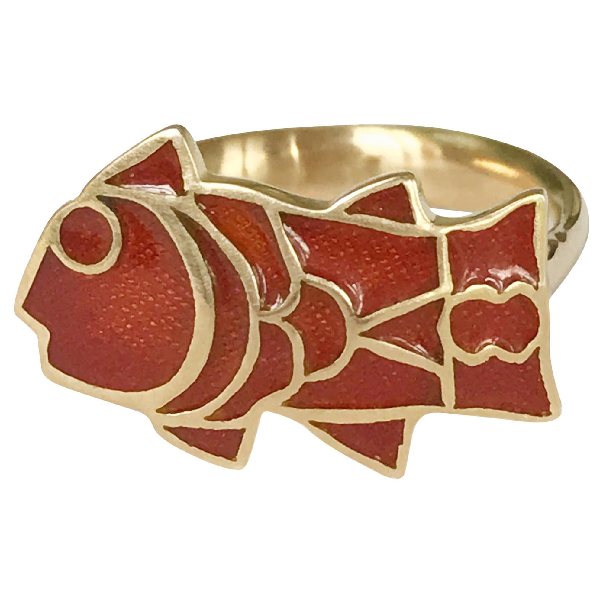 Dalben Fish Shape Red Fire Enamel Yellow Gold Ring For Sale
