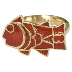 Dalben Fish Shape Red Fire Enamel Yellow Gold Ring