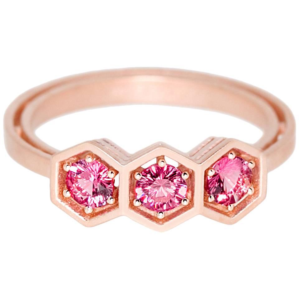 Pink Spinel Gold Three-Stone Ring For Sale