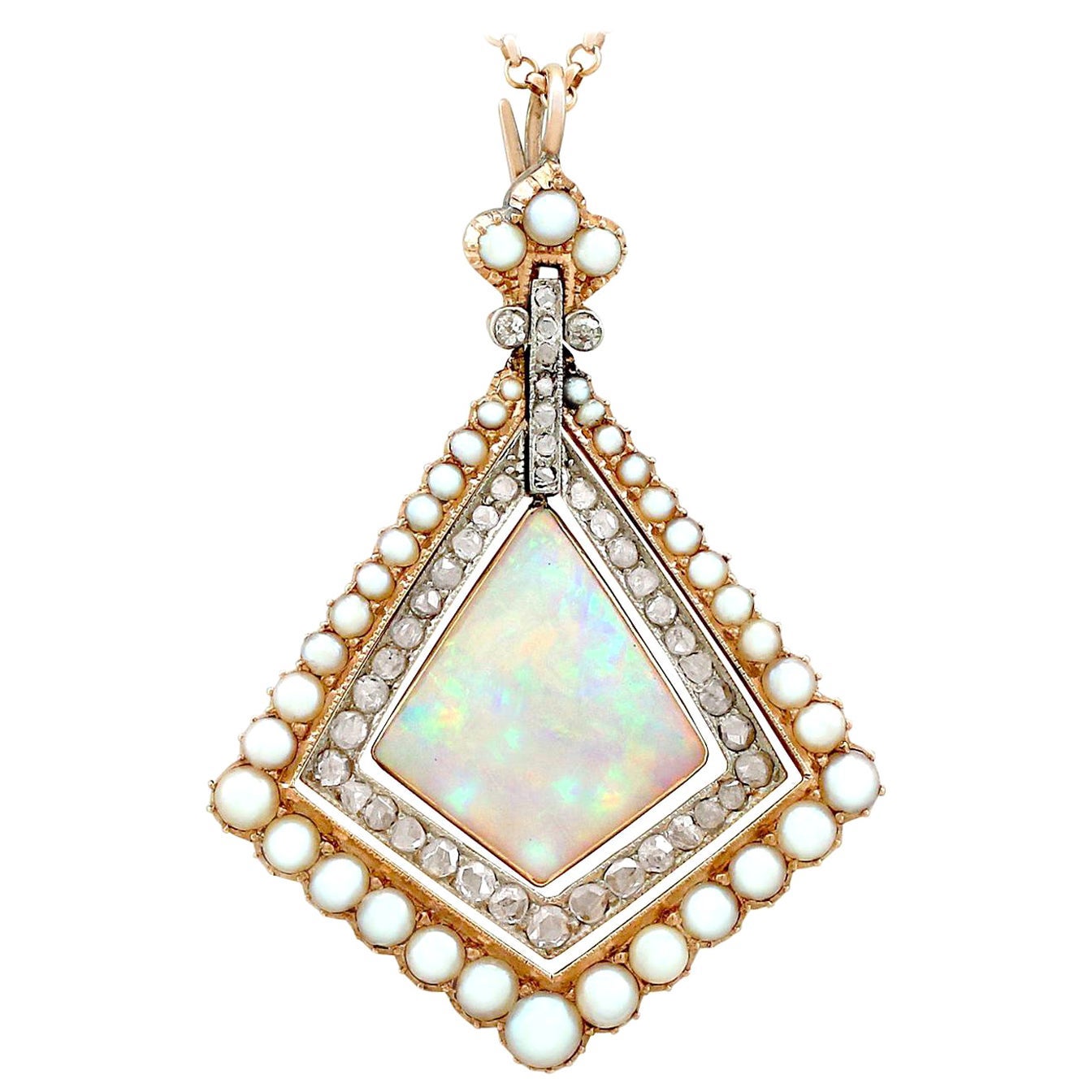 Antique 2.88 Carat Opal 0.84 Carat Diamond and Pearl Yellow Gold Pendant For Sale