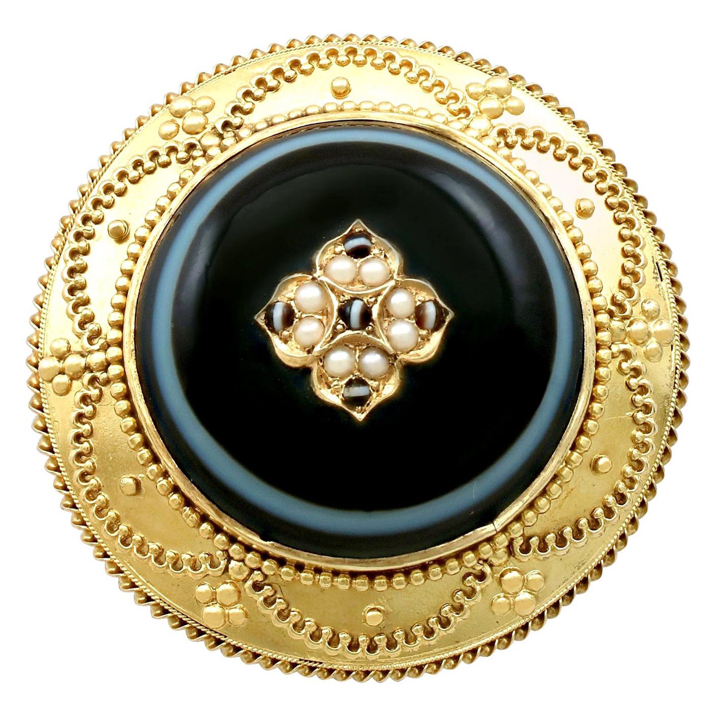 Antike viktorianische Achat-Perlen-Gelbgoldbrosche / Medaillon