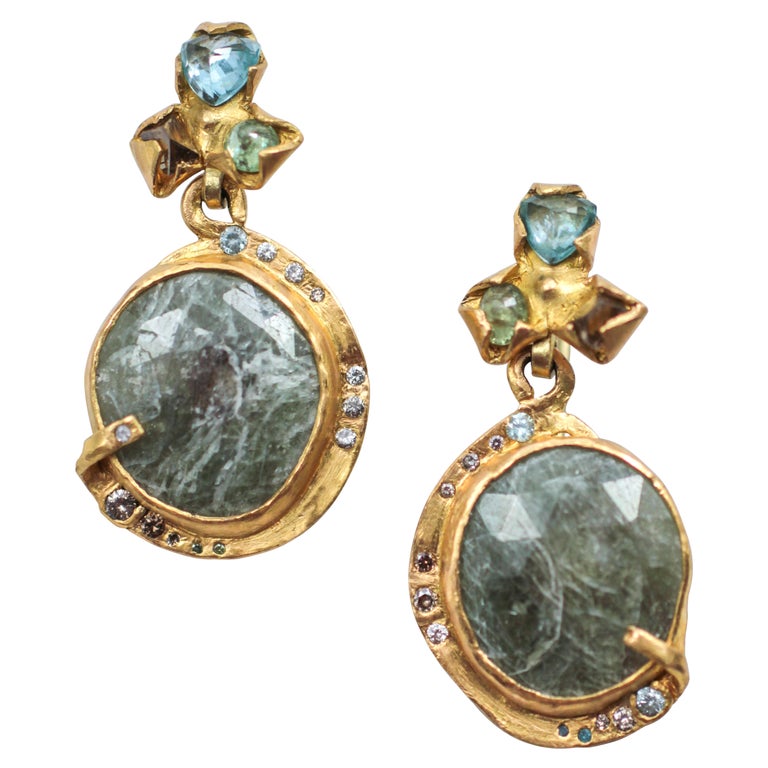 Sapphire Diamond 22-21 Karat Gold Dangle Drop Organic Earrings For Sale