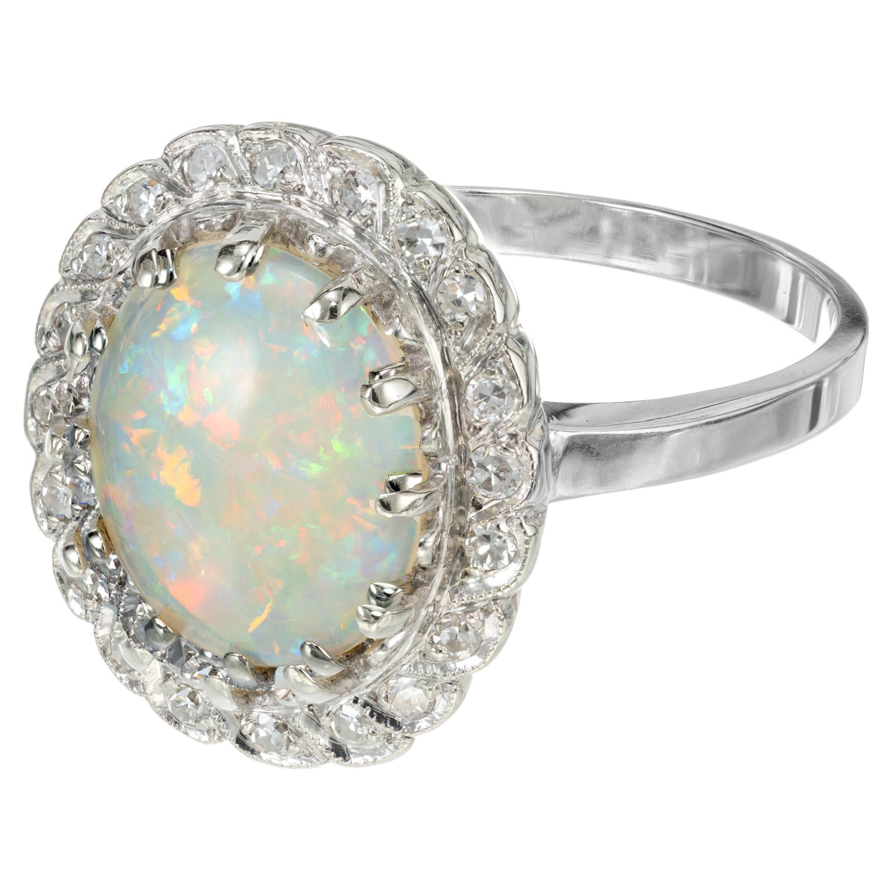 2.37 Carat Oval Blue Red Flash Opal Diamond Halo White Gold Ring For Sale