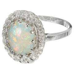 2.37 Carat Oval Blue Red Flash Opal Diamond Halo White Gold Ring