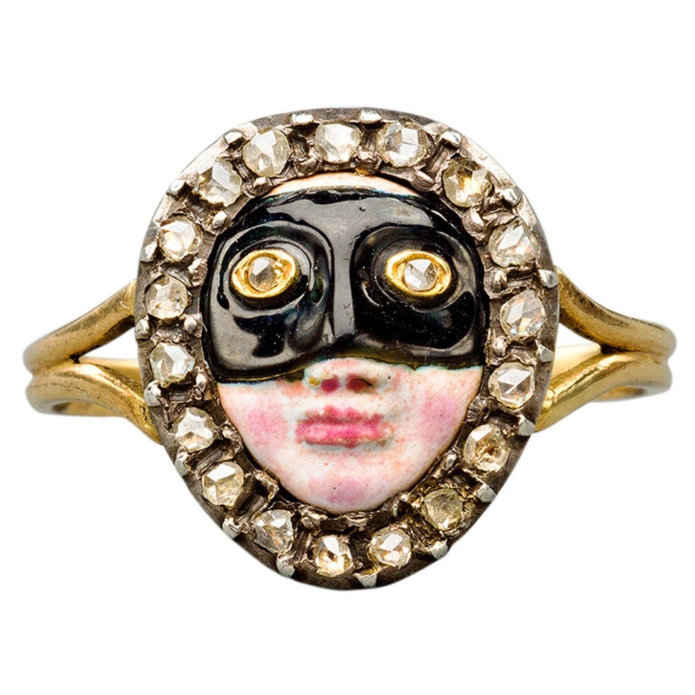 Rare Enamel Diamond 18k Gold Masked Lady Ring, circa 1800