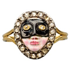 Rare Enamel Diamond 18k Gold Masked Lady Ring, circa 1800