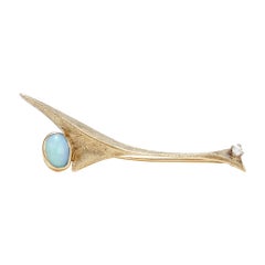 Mid-Century Modernist Studio 10 Karat Gold Opal & Diamond Pin or Brooch