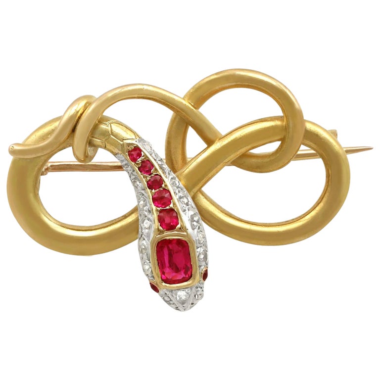 Antique Victorian Ruby and Diamond 22K Yellow Gold Snake Brooch For Sale