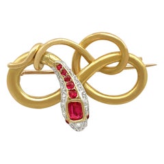 Antique Victorian Ruby and Diamond 22K Yellow Gold Snake Brooch