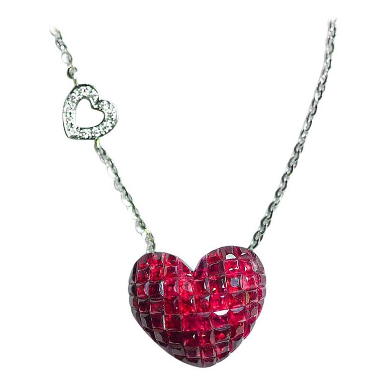 18 Karat White Gold Ruby and Diamond Heart Pendant in Invisible Setting For Sale