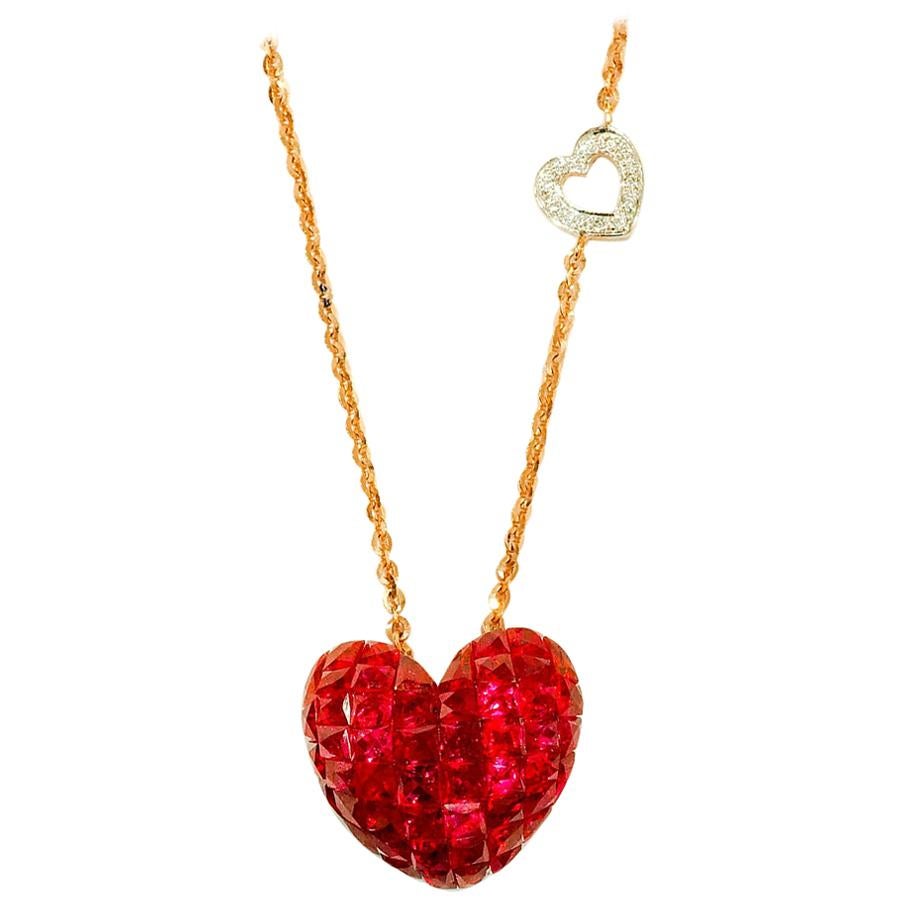 18 Karat Rose Gold Ruby and Diamond Heart Pendant in Invisible Setting For Sale