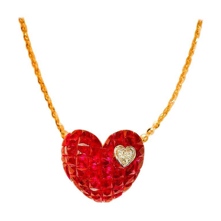18 Karat Rose Gold Ruby and Diamond Heart Pendant Invisible Setting