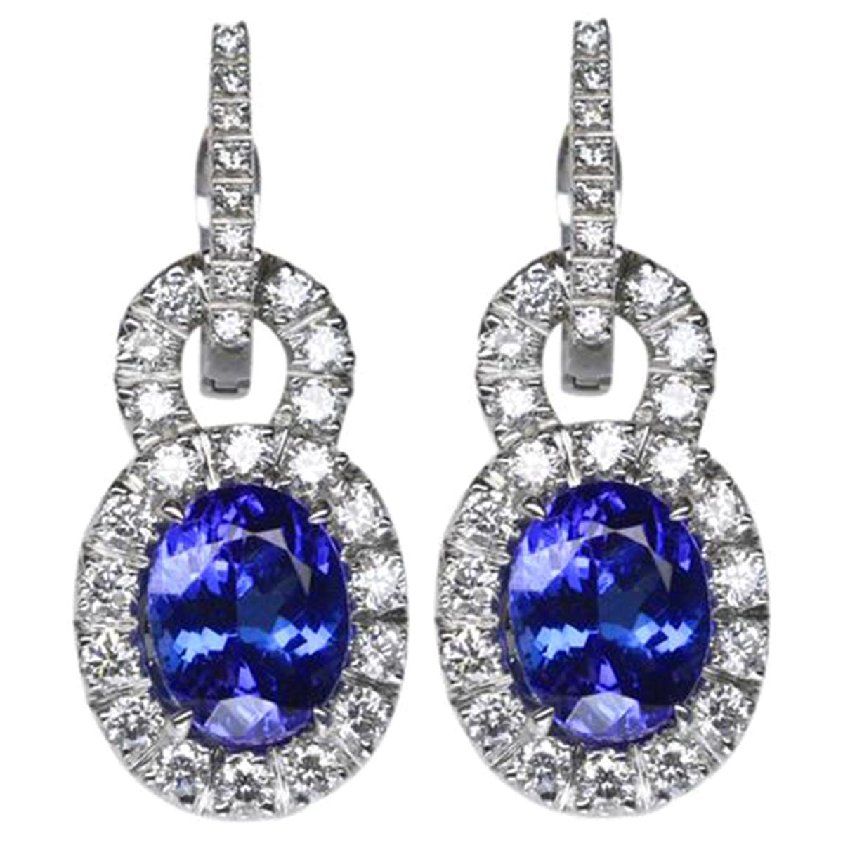 6.50 Carat Vivid Blue Tanzanite Diamond Drop Gold Earrings Estate Fine Jewelry For Sale