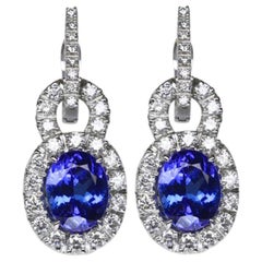 Retro 6.50 Carat Vivid Blue Tanzanite Diamond Drop Gold Earrings Estate Fine Jewelry