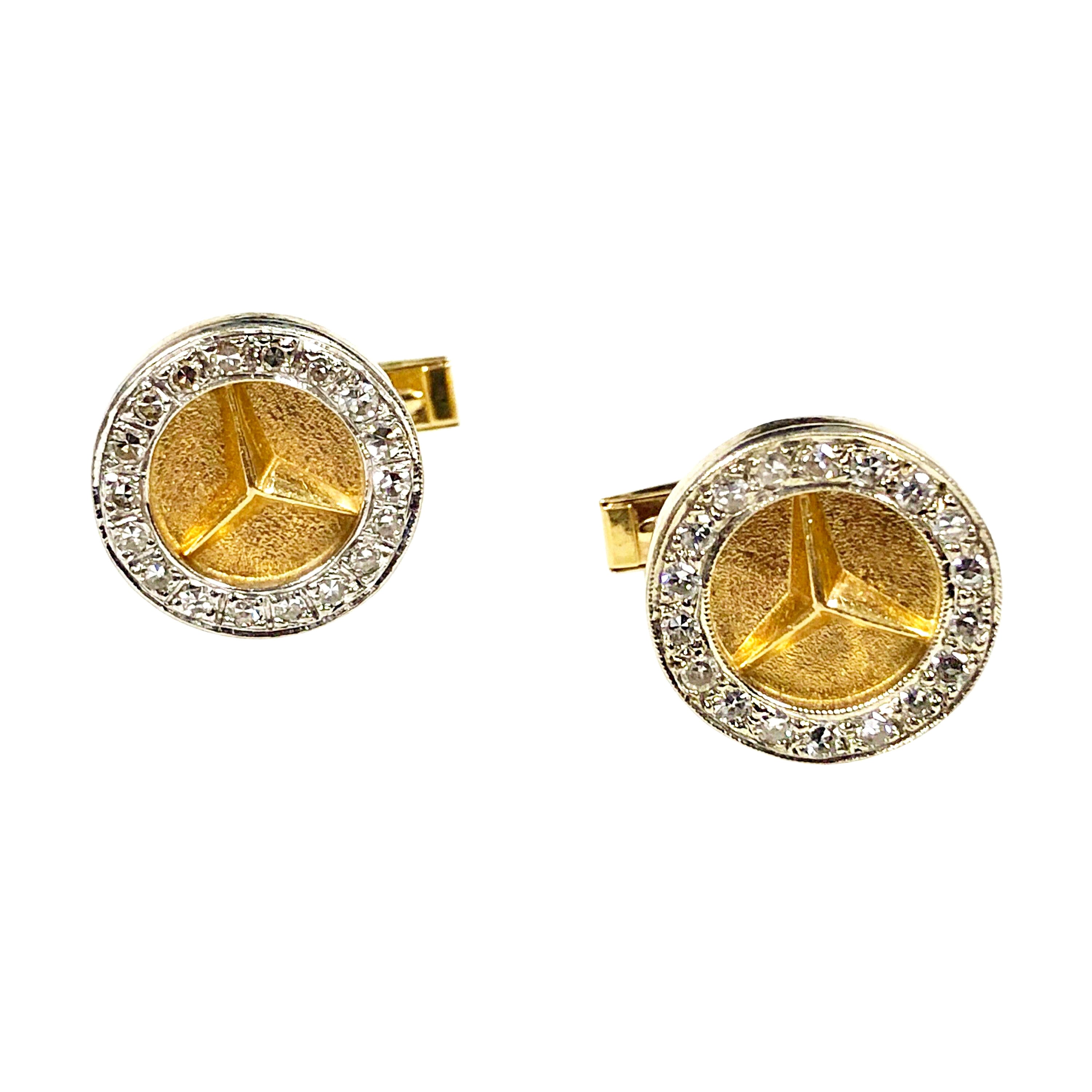 Mercedes Benz Logo Yellow Gold and Diamonds Cufflinks For Sale