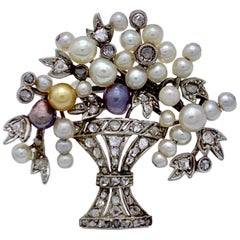 Art Deco Flower Bouquet Orient Pearl Diamond Platinum Brooch