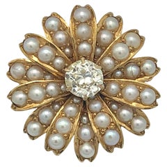 Late Victorian Diamond Oriental Pearl Gold Daisy Flower Brooch Pendant