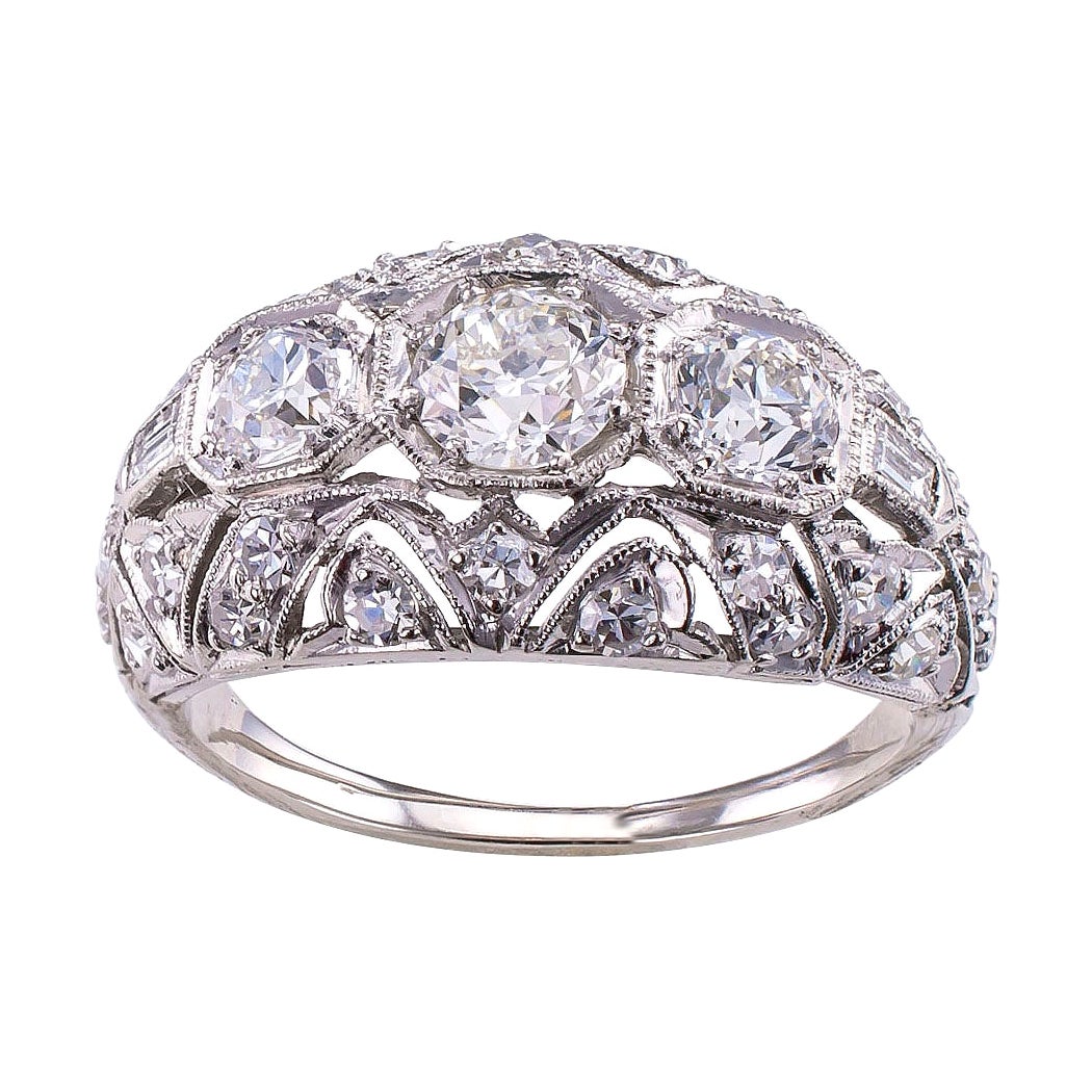 Art Deco ThreeStone Diamond Ring with BeadSet Diamond Shoulder at 1stDibs