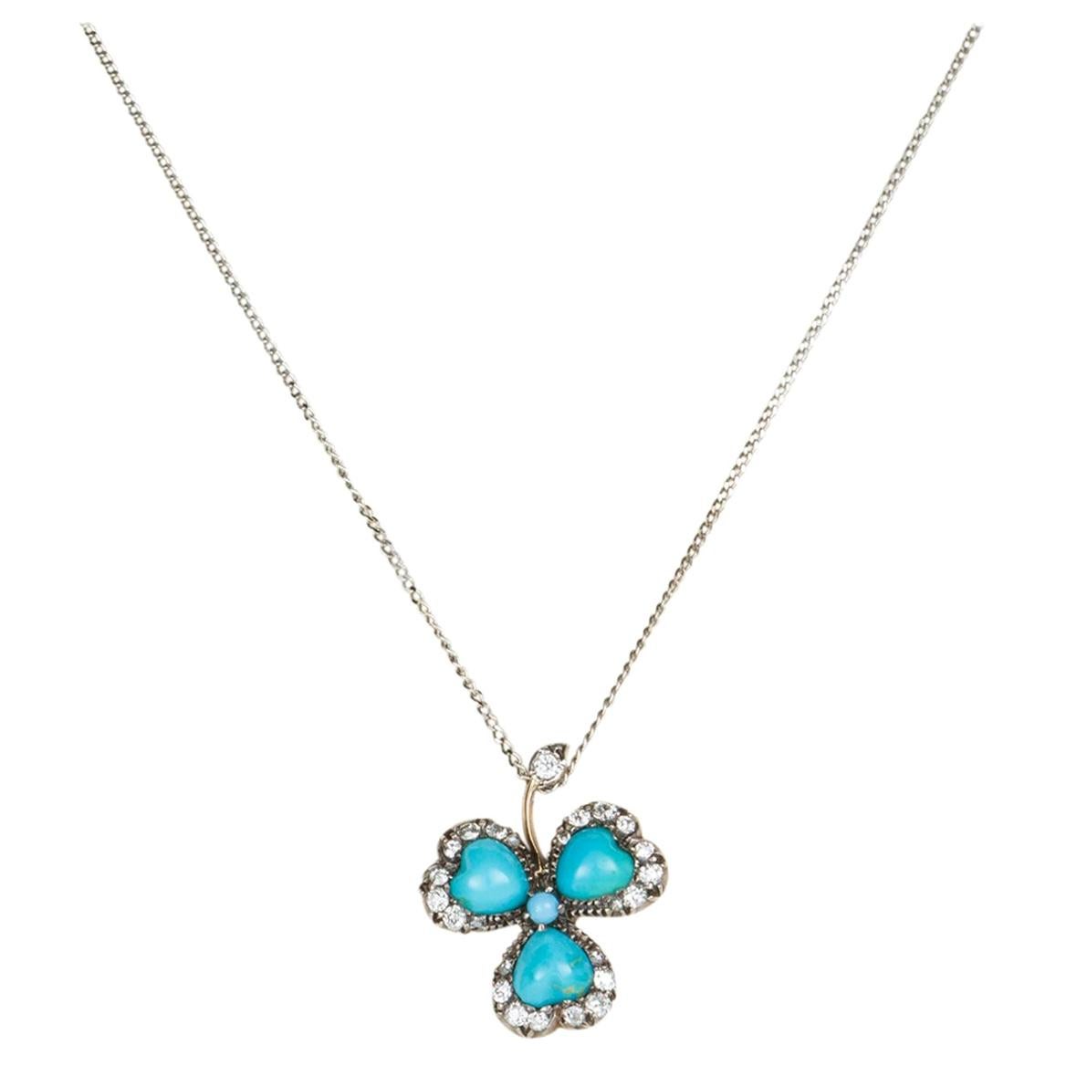 Turquoise and Old Cut Diamond Three-Leaf Clover Pendant Necklace