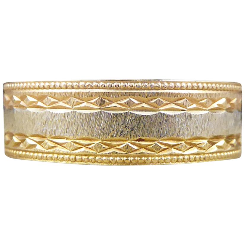 Detailed Wide Tri-Color Gold Wedding Band in 18 Carat Gold