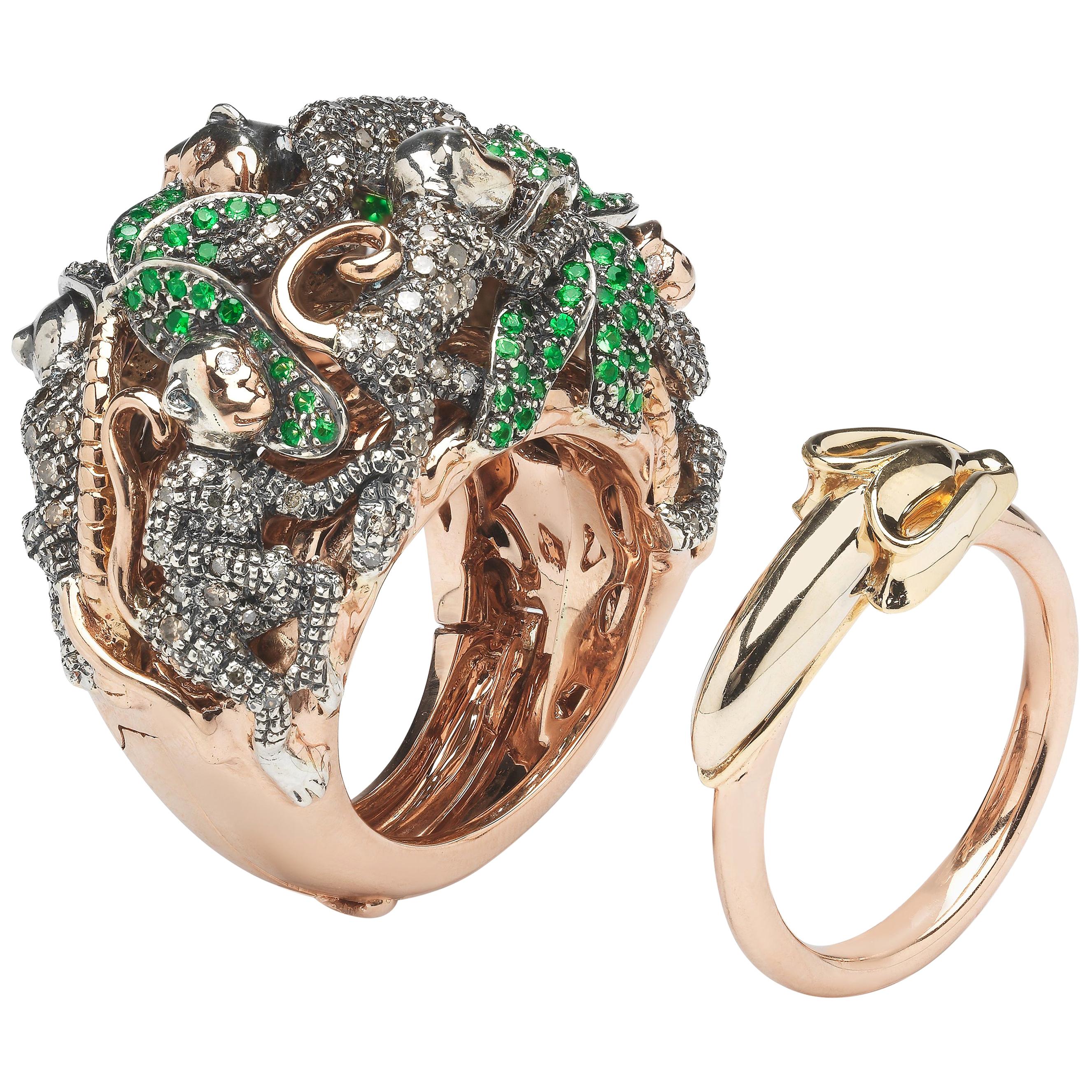 Monkey Ring in a Ring 18k Rose Gold and Silver with Diamonds and Green Tsavorite For Sale