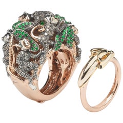 Monkey Ring in a Ring 18k Rose Gold and Silver with Diamonds and Green Tsavorite