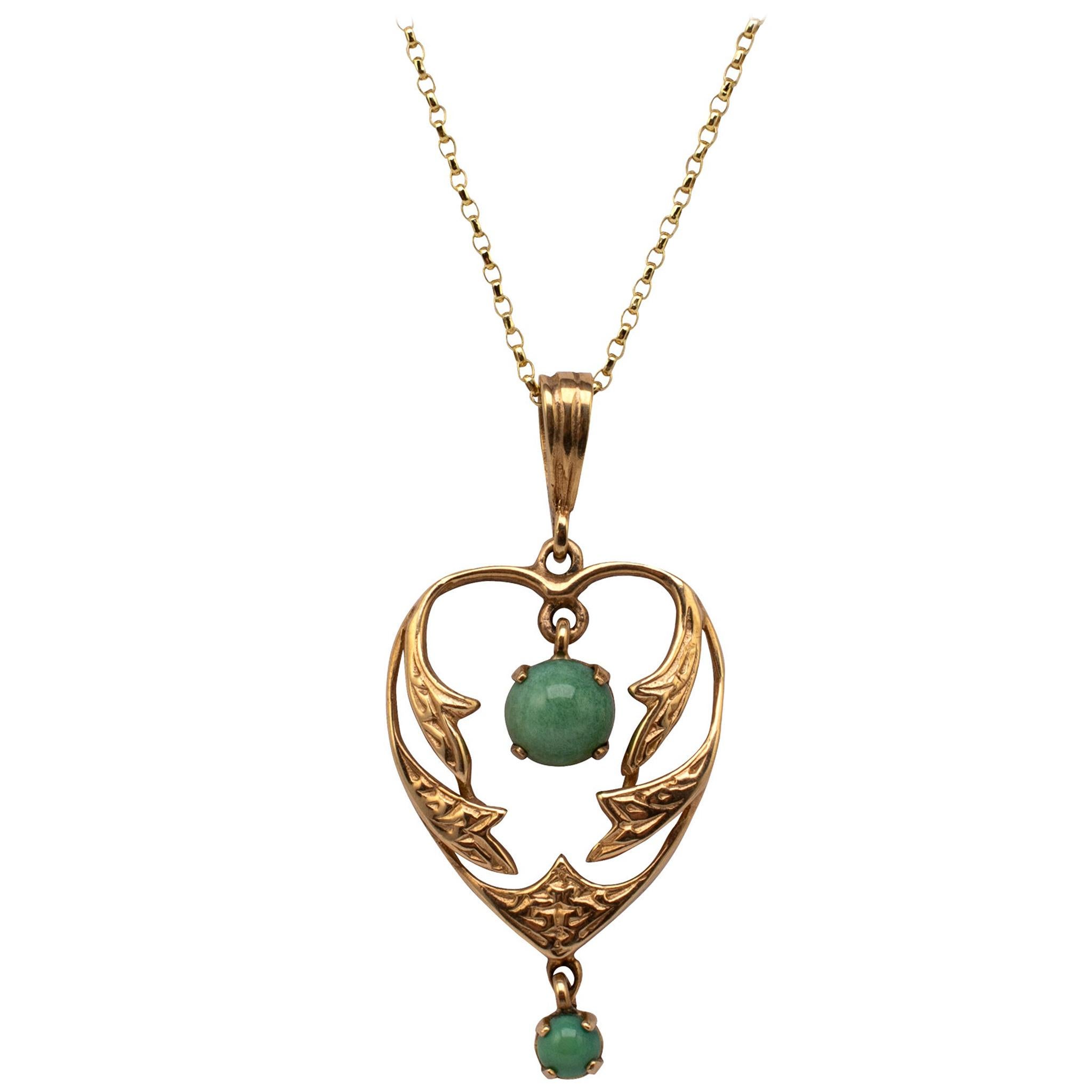 Turquoise Heart Pendant Drop Necklace Hallmarked, circa 1940s For Sale