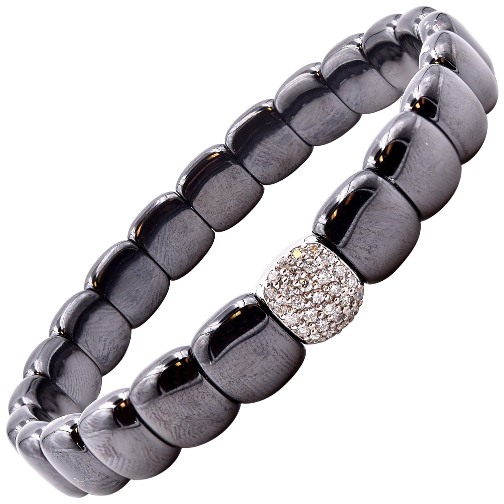 Striking Black Ceramic, 18 Karat White Gold and Diamond Stretch