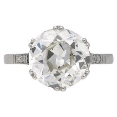 Bague solitaire en diamant de taille ancienne de 4,01 carats avec épaules serties de diamants, années 1920