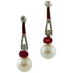 Diamonds, Rubies, South Sea Pearls 14 Karat White Gold Dangle Earrings