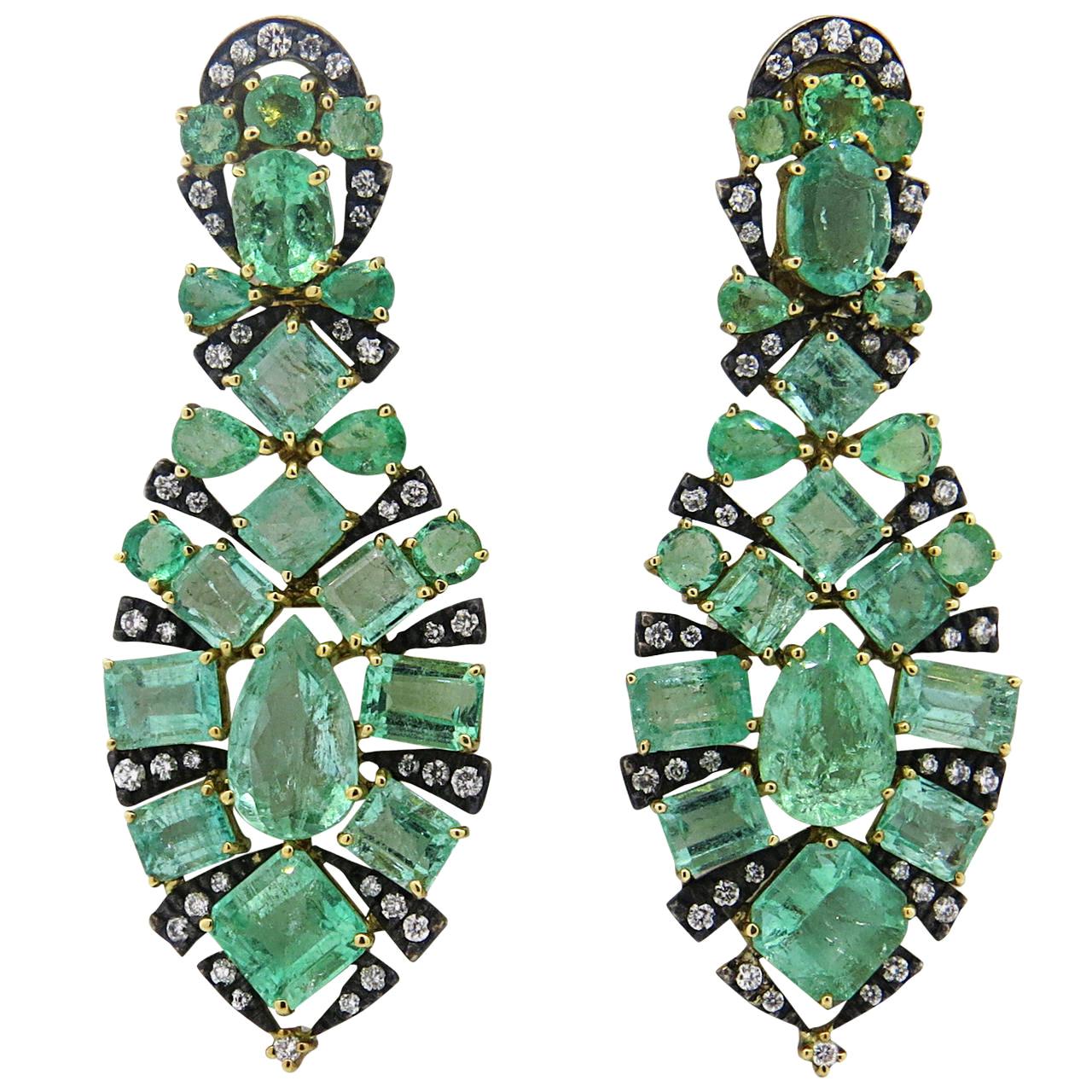 Marilyn Cooperman Impressive Emerald Diamond Silver Gold Earrings