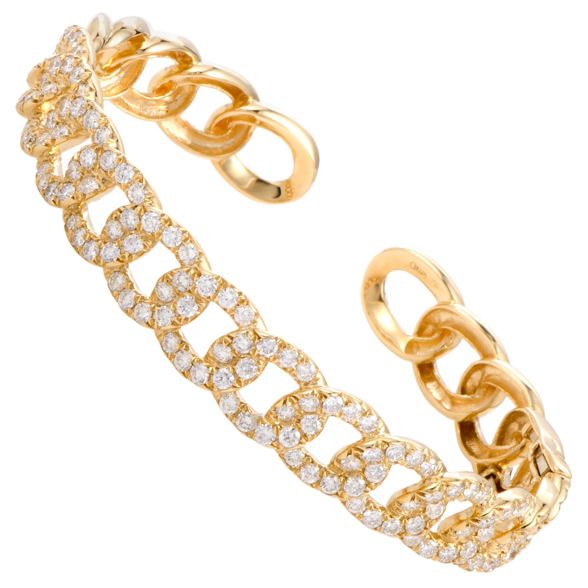 LB Exclusive 18 Karat Yellow Gold Diamond Chain Link Open Bangle Bracelet