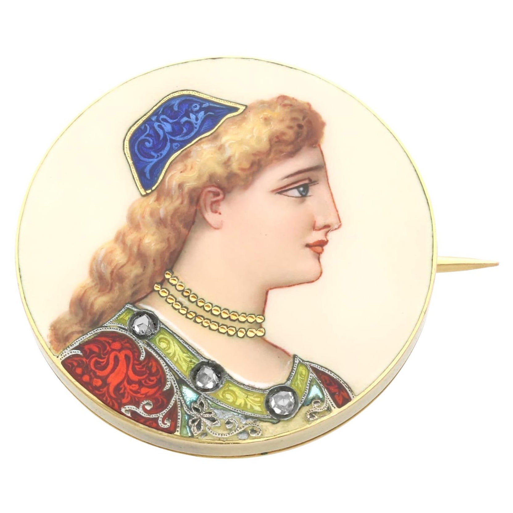 Antique French 1900s Enamel and Yellow Gold Brooch