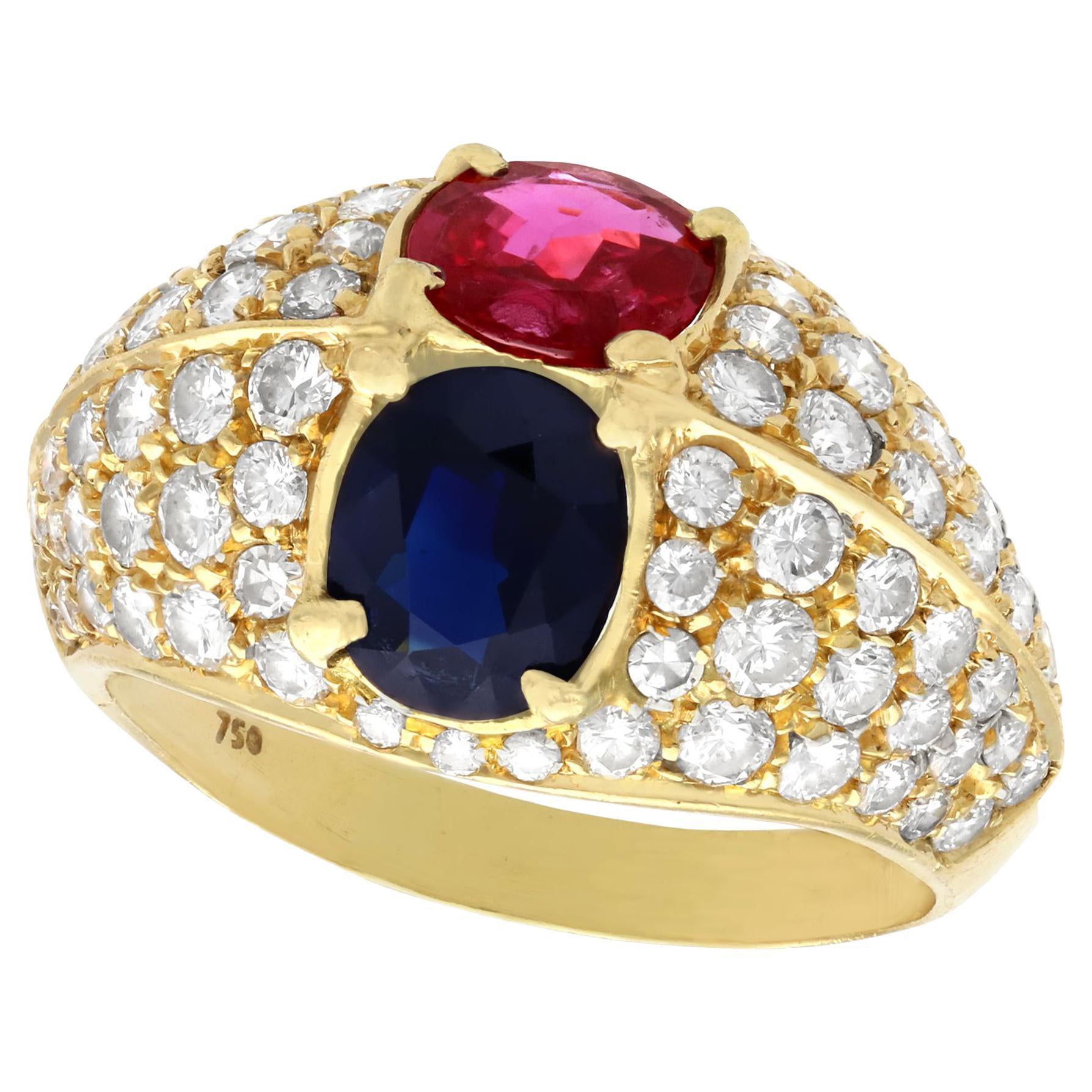 1.35 Carat Ruby and 1.28 Carat Sapphire 1.75 Carat Diamond and Yellow Gold Ring For Sale