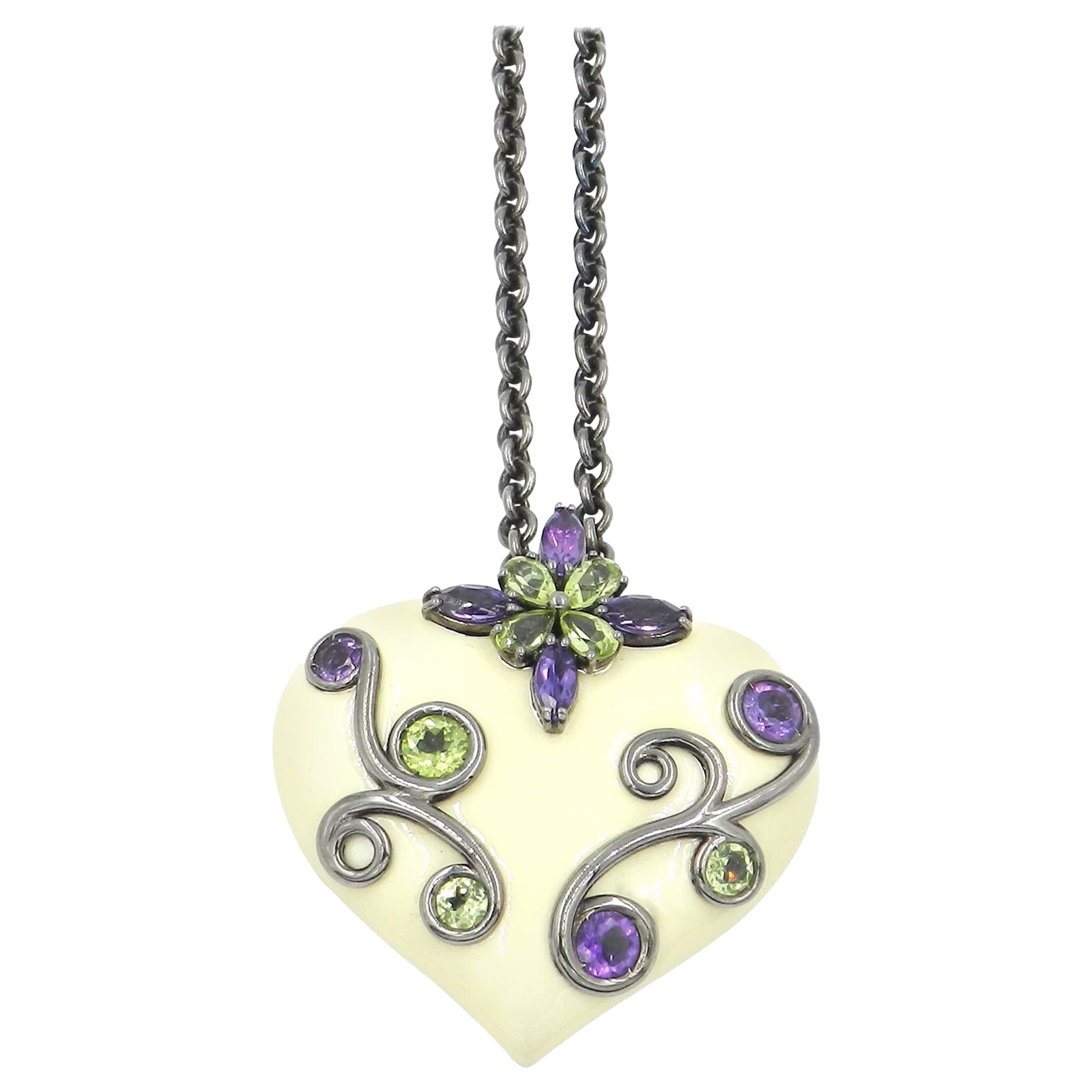 Silver Heart Pendant with White Enamel Amethyst and Peridot