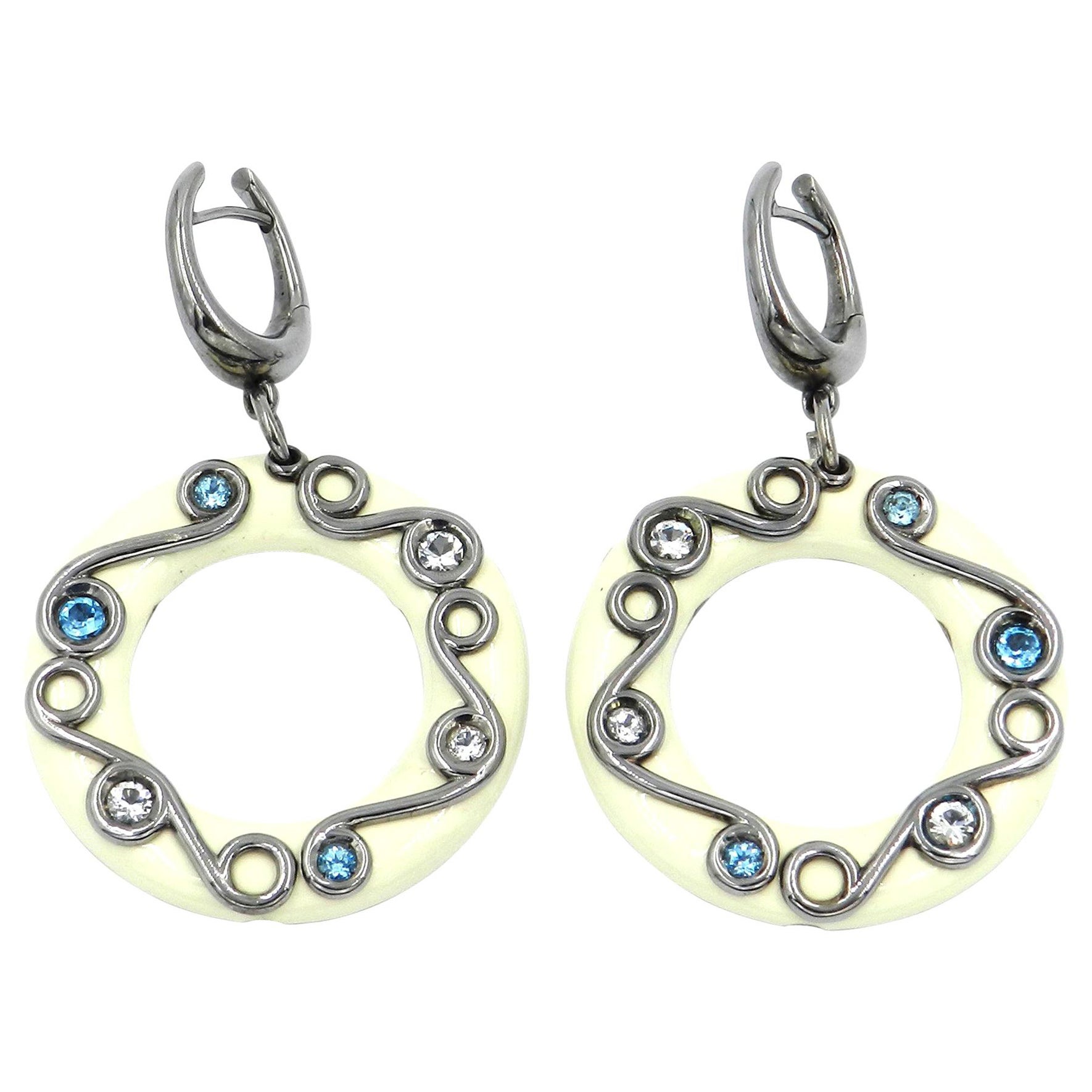 Silver Round Earrings with White Enamel, White Topaz and Blue Topaz For Sale