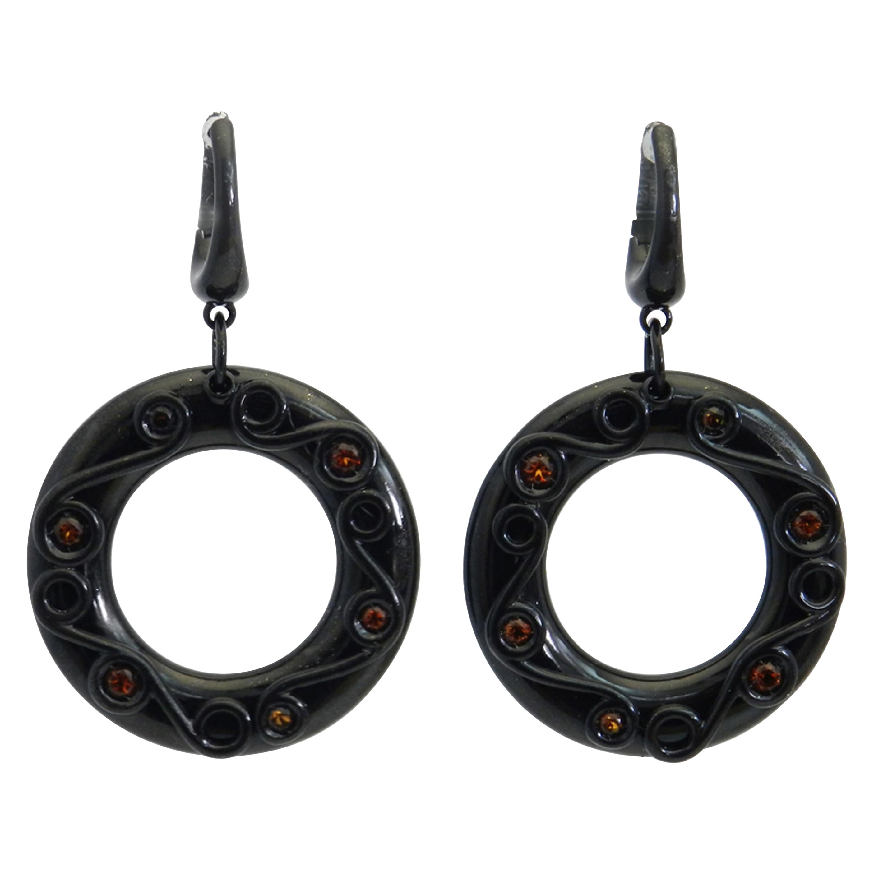 Silver Round Earrings with Black Enamel Citrine For Sale