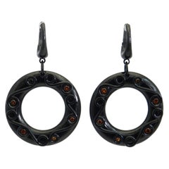 Silver Round Earrings with Black Enamel Citrine