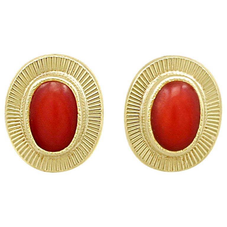 Vintage 1990s Coral and Yellow Gold Stud Earrings For Sale at 1stDibs