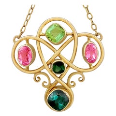 Antique Victorian 2.65 Carat Tourmaline and Peridot Yellow Gold Necklace