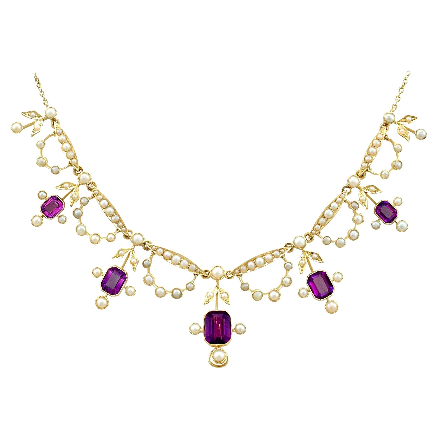 Antique Edwardian 4.47 Carat Amethyst and Seed Pearl Yellow Gold Necklace
