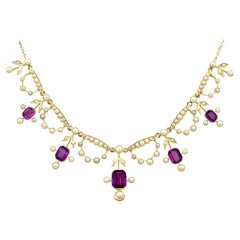 Antique Edwardian 4.47 Carat Amethyst and Seed Pearl Yellow Gold Necklace